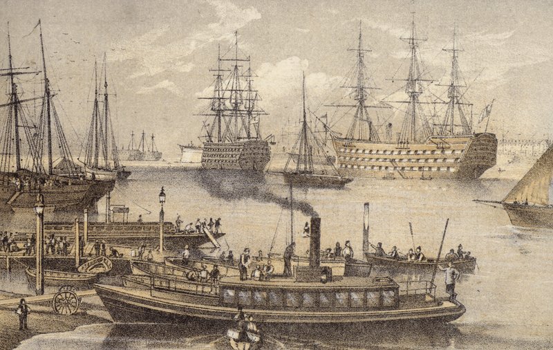 Portsmouth Harbour (barevná rytina) od English School