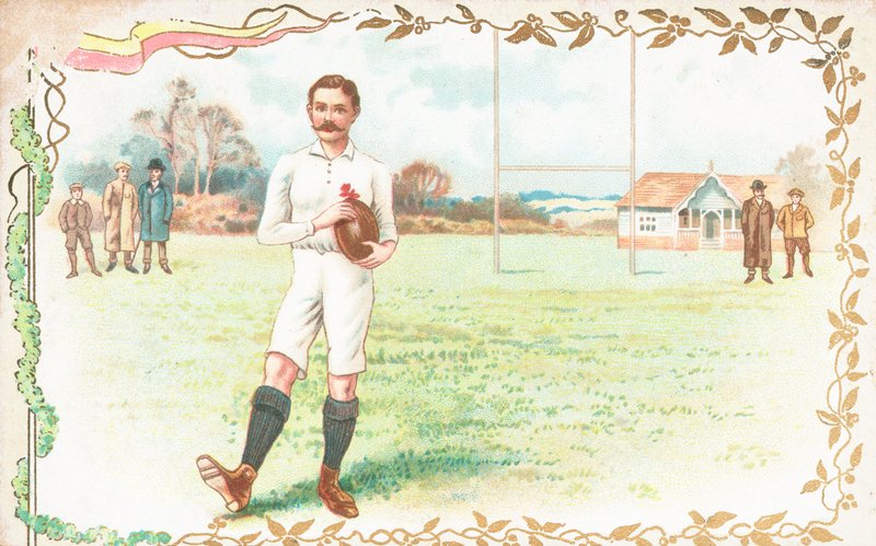 Pohlednice s muži hrajícími rugby od English School