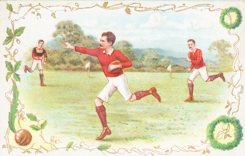Pohlednice s muži hrajícími rugby od English School
