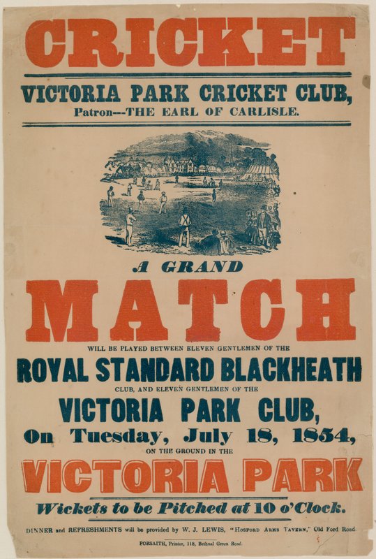 Plakát propagující kriketový zápas ve Victoria Park Cricket Club dne 18. července 1854 od English School