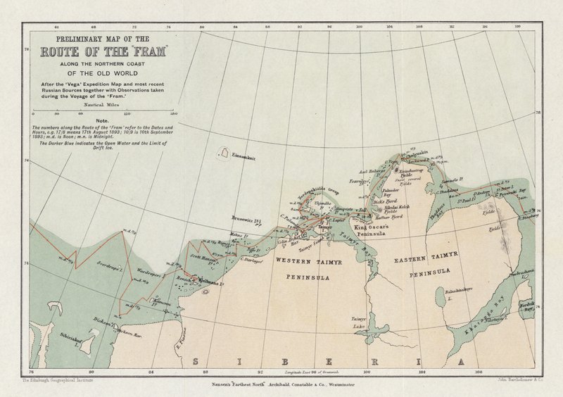 Předběžná mapa trasy Framu podél severního pobřeží starého světa od English School