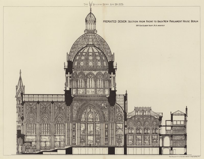 Premiated Design, řez zepředu dozadu Nová budova parlamentu Berlín (rytina) od English School