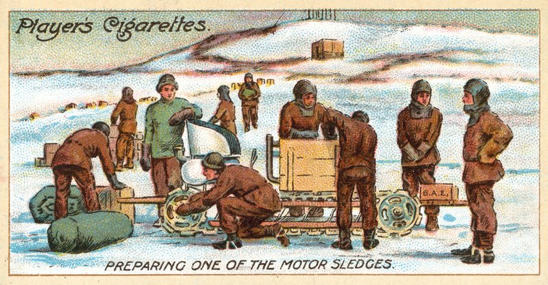 Příprava jedné z motorových saní (chromolitho) od English School