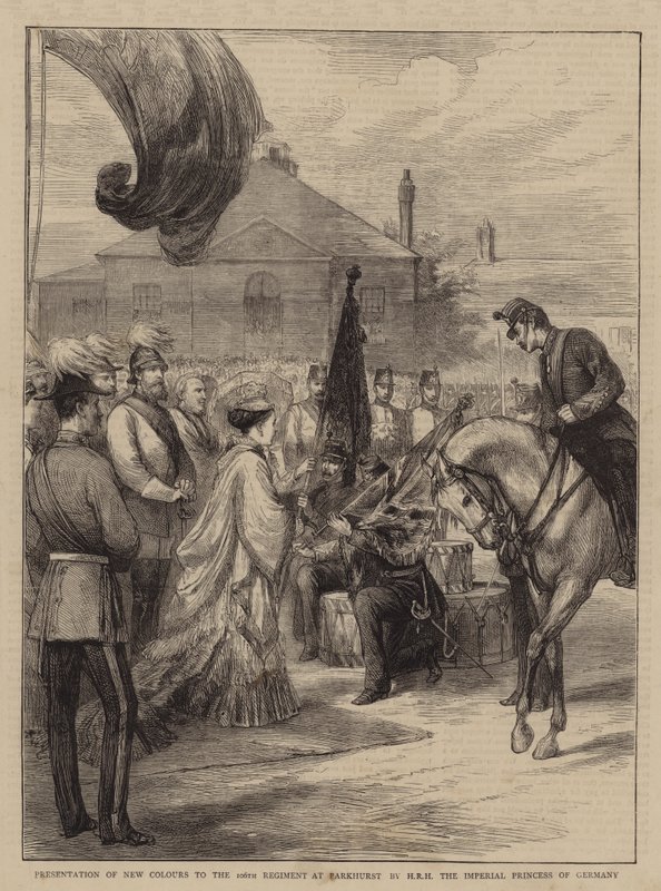 Prezentace nových barev 106. pluku v Parkhurstu od HRH císařské princezny Německa (rytina) od English School