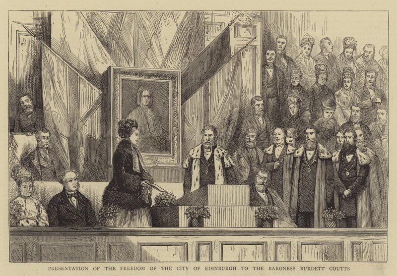 Prezentace svobody města Edinburghu baronce Burdett Couttsové (rytina) od English School