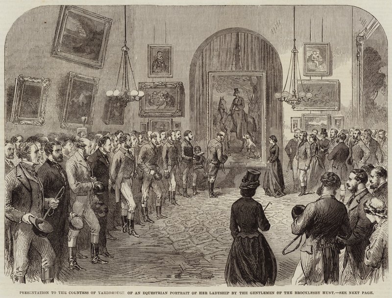 Prezentace jezdeckého portrétu její paní hraběnce z Yarborough od pánů z Brocklesby Hunt od English School