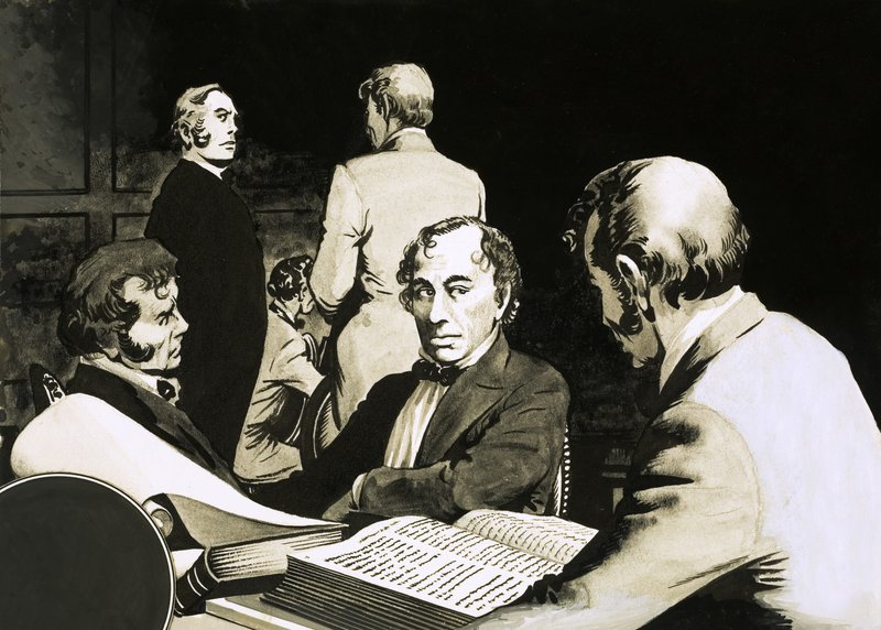 Premiér Benjamin Disraeli jedná se svými konzervativními kolegy od English School