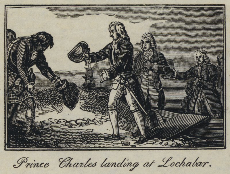 Princ Charles přistává v Lochabaru (rytina) od English School