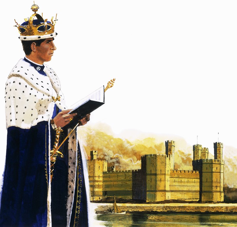 Princ z Walesu před hradem Caernarvon od English School