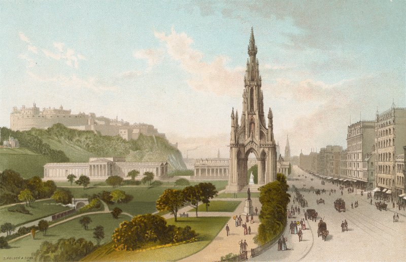 Princes Street Edinburgh. Pohled na západ od English School