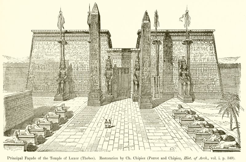 Hlavní fasáda chrámu v Luxoru (Théby). Restaurování Ch. Chipiez (Perrot a Chipiez, Hist. of Arch., sv. i. str. 349) od English School