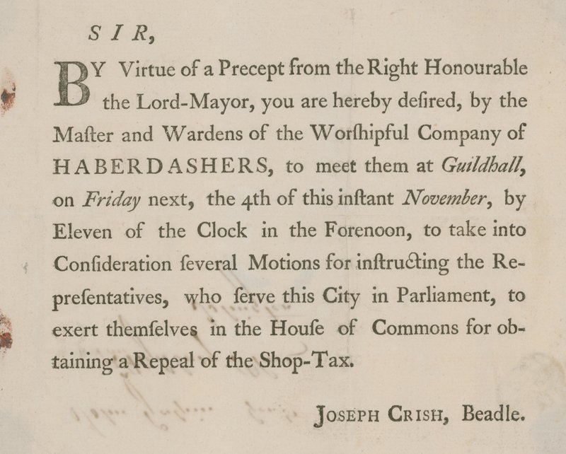 Tištěný dopis od Josepha Crishe, Beadle of Guildhall, Londýn od English School