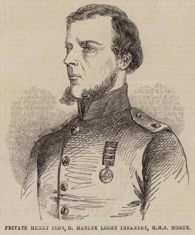 Vojín Henry Fido, Royal Marine Light Infantry, HMS Hogue (rytina) od English School