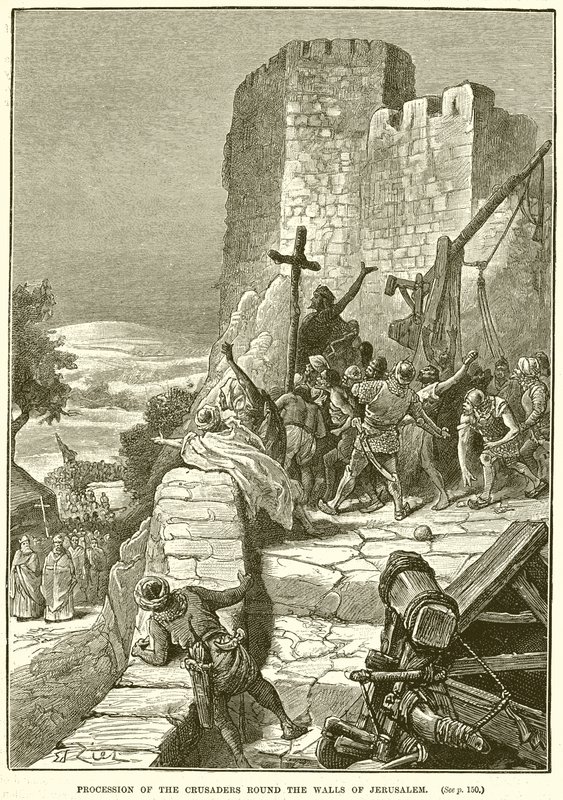 Průvod křižáků kolem zdí Jeruzaléma od English School