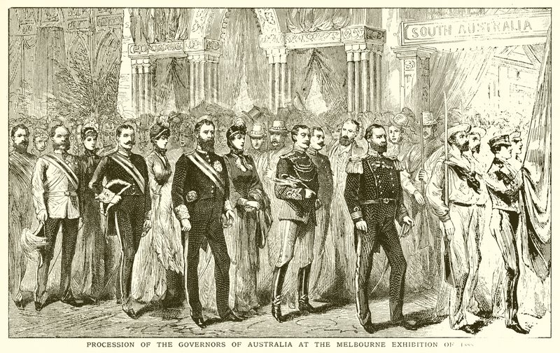 Průvod guvernérů Austrálie na výstavě v Melbourne v roce 1888 od English School