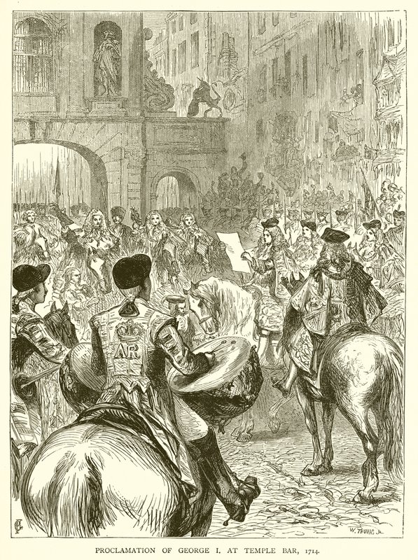 Provolání Jiřího I. v Temple Bar, 1714 od English School