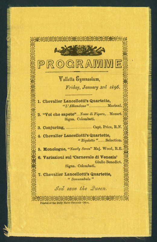 Program pro Valletta Gymnasium, 3. ledna 1896 (tisk) od English School