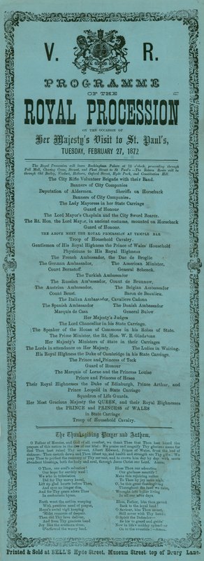 Program královského průvodu u příležitosti návštěvy Jejího Veličenstva v katedrále svatého Pavla, Londýn, 27. února 1872 od English School