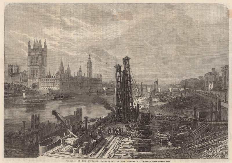 Průběh jižního nábřeží Temže v Lambeth od English School