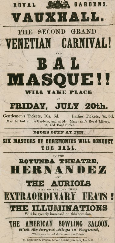 Propagační leták k druhému velkému benátskému karnevalu a Bal Masque v Royal Gardens, Vauxhall, Londýn od English School