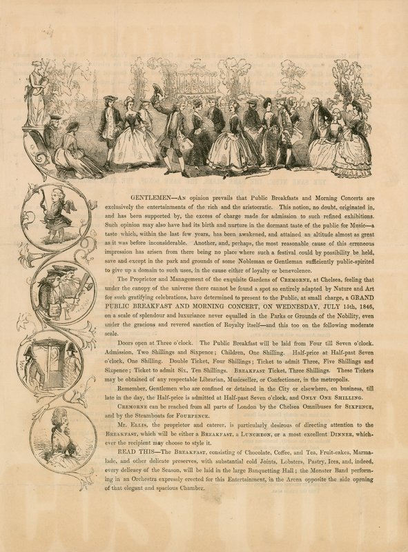 Propagační leták pro velkou veřejnou snídani a ranní koncert 15. července 1846 od English School
