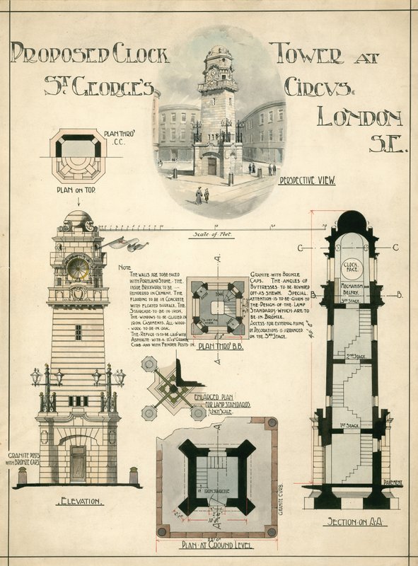 Navrhovaná hodinová věž v St Georges Circus, Londýn SE (inkoust na papíře) od English School