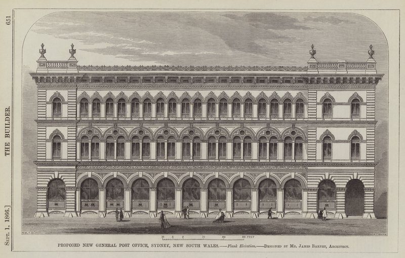 Navrhovaná nová hlavní pošta, Sydney, New South Wales, Flank Elevation, navržená panem Jamesem Barnetem, architektem (rytina) od English School