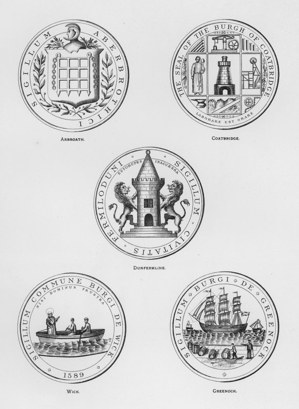 Veřejné zbraně: Arbroath; Coatbridge; Dunfermline; Knot; Greenock (rytina) od English School
