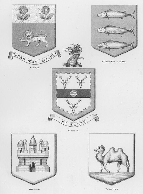 Veřejné zbraně: Athlone; Kingston-on-Thames; Keighley; Athenry; Camelford (rytina) od English School