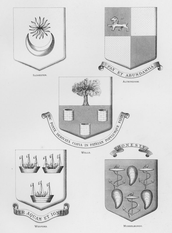 Veřejné zbraně: Ilchester; Altringham; Wells; Wexford; Musselburgh (rytina) od English School