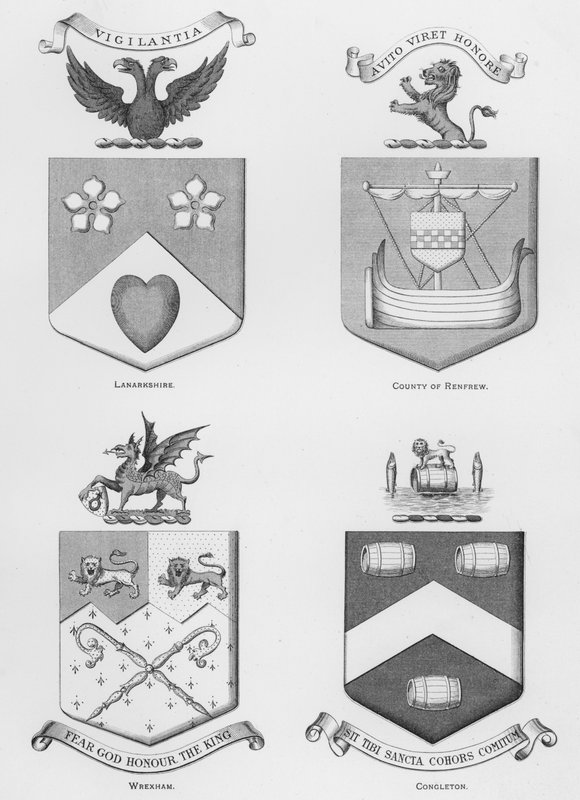 Veřejné zbraně: Lanarkshire; hrabství Renfrew; Wrexham; Congleton (rytina) od English School