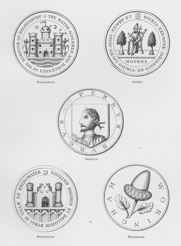 Veřejné zbraně: Malmesbury; Newry; Penrhyn; Bridgwater; Wokingham (rytina) od English School