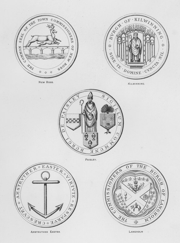 Veřejné zbraně: New Ross; Kilwinning; Paisley; Anstruther Easter; Langholm (rytina) od English School