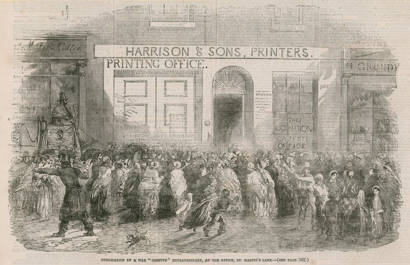 Vydání mimořádného válečného věstníku v kanceláři St Martins Lane od English School