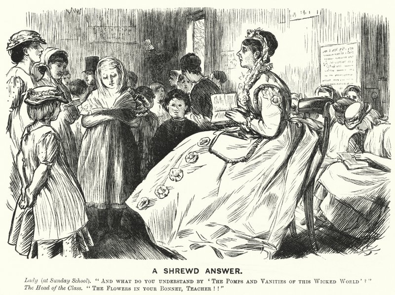 Punch cartoon: A Shrewd Answer - Scéna ve viktoriánské nedělní škole (rytina) od English School