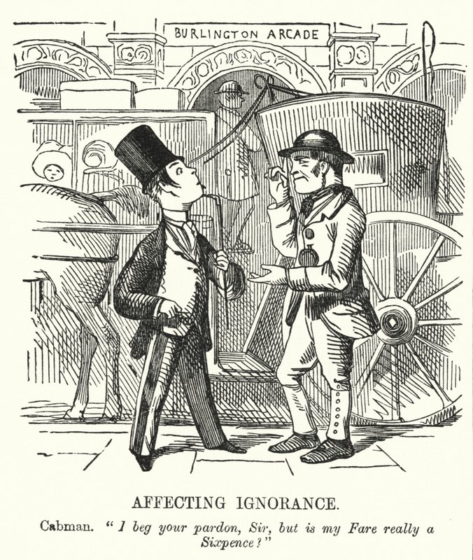 Punch cartoon: Affecting Ignorance: Londýnský taxikář (rytina) od English School