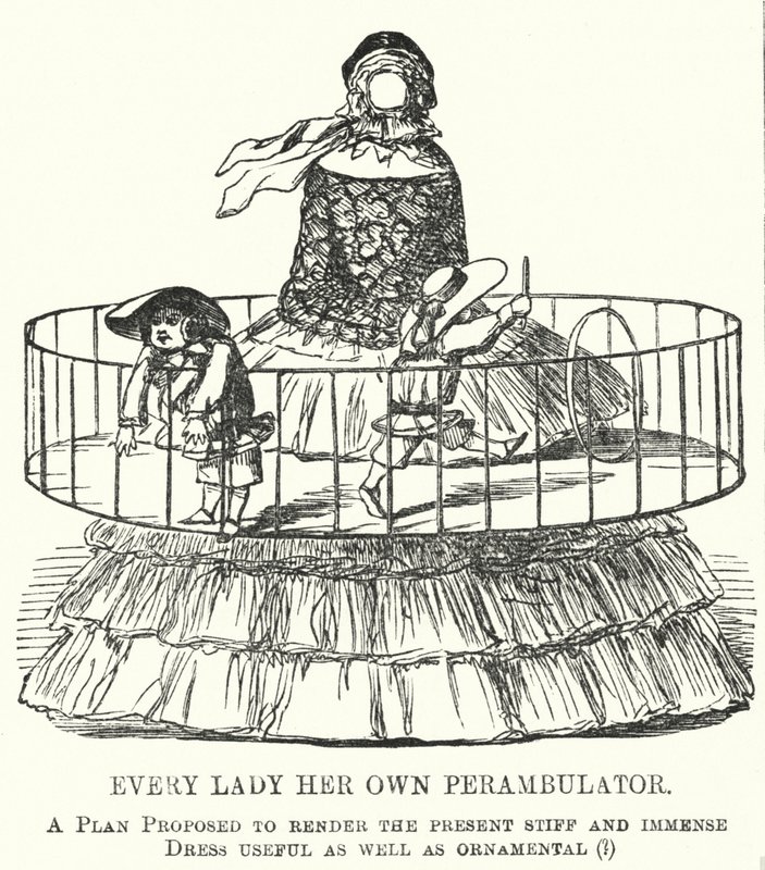 Punch cartoon: Every Lady Her Own Perambulator - móda pro dámské kruhové sukně (rytina) od English School