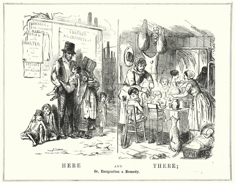 Punch cartoon: Tady a tam, aneb Emigrace a náprava (rytina) od English School