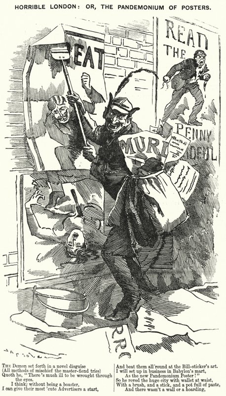 Punch cartoon: Hrozný Londýn: aneb Pandemonium of Posters - Londýn v době vražd Jacka Rozparovače (rytina) od English School