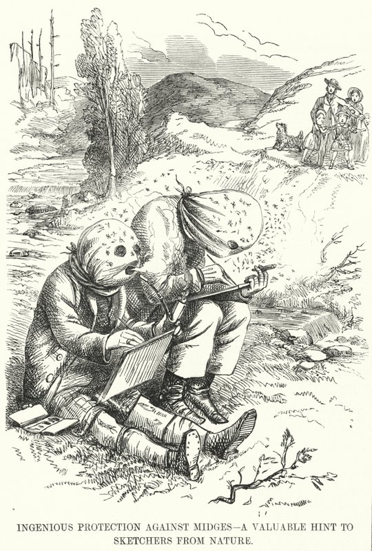 Punch cartoon: Geniální ochrana proti pakomárům - cenný tip pro skicáře z přírody (rytina) od English School