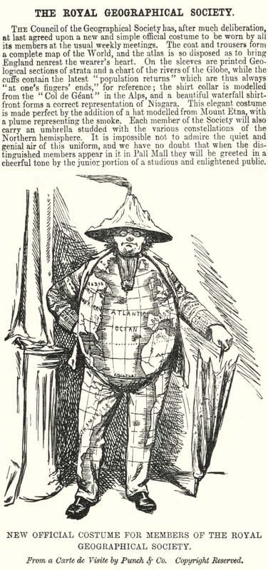 Punch cartoon: Nový oficiální kostým pro členy Royal Geographical Society (rytina) od English School