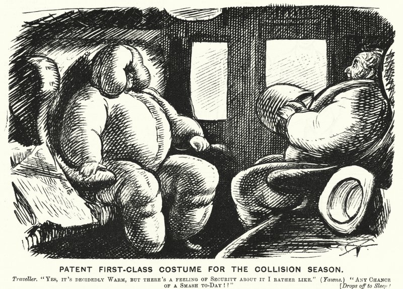 Punch cartoon: Patent First Class Costume for Collision Season - bezpečnost na železnici (rytina) od English School