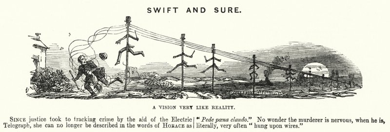 Punch cartoon: Swift and Sure - použití elektrické telegrafie při sledování zločinu (rytina) od English School