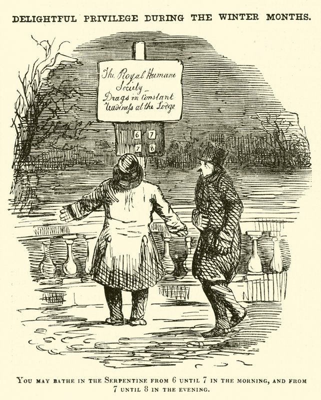 Punch cartoon: Swimming in the Serpentine, Hyde Park, London od English School