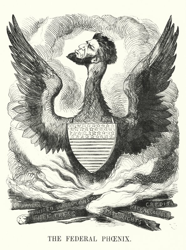 Punch cartoon: The Federal Phoenix - Znovuzvolení Abrahama Lincolna v prezidentských volbách v USA v roce 1864 (rytina) od English School
