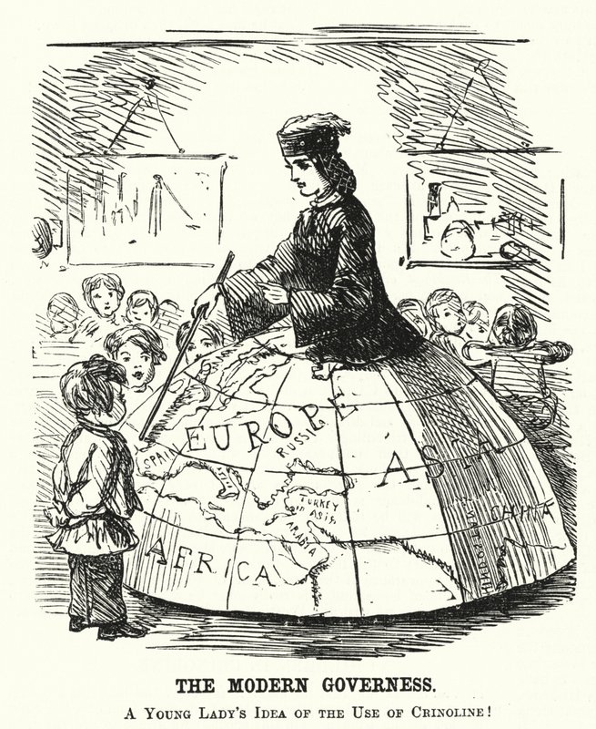 Punch cartoon: The Modern Governess - široká obručová sukně sloužící jako pomůcka pro výuku zeměpisu (rytina) od English School
