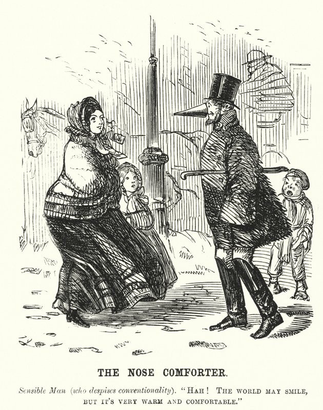 Punch cartoon: The Nose Comforter - muž chránící nos před chladem (rytina) od English School