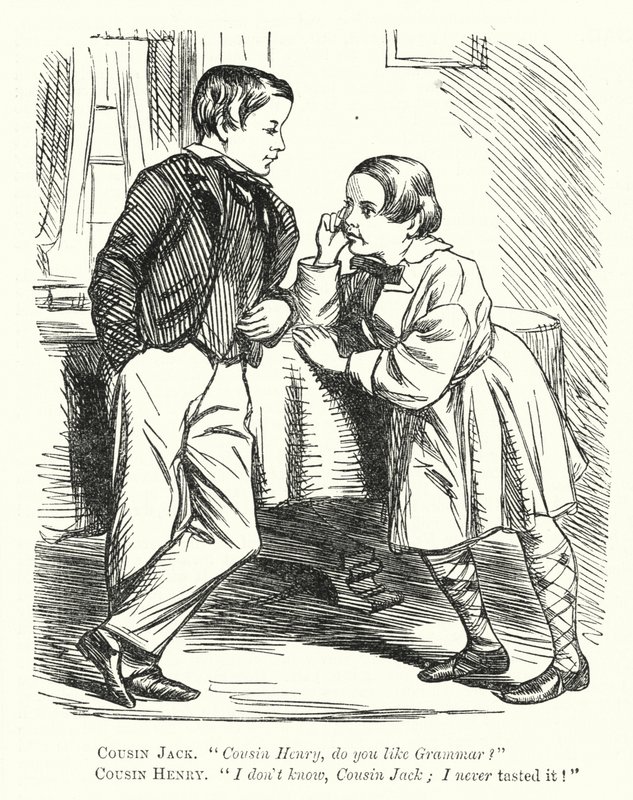 Punch cartoon: nedorozumění o gramatice (rytí) od English School