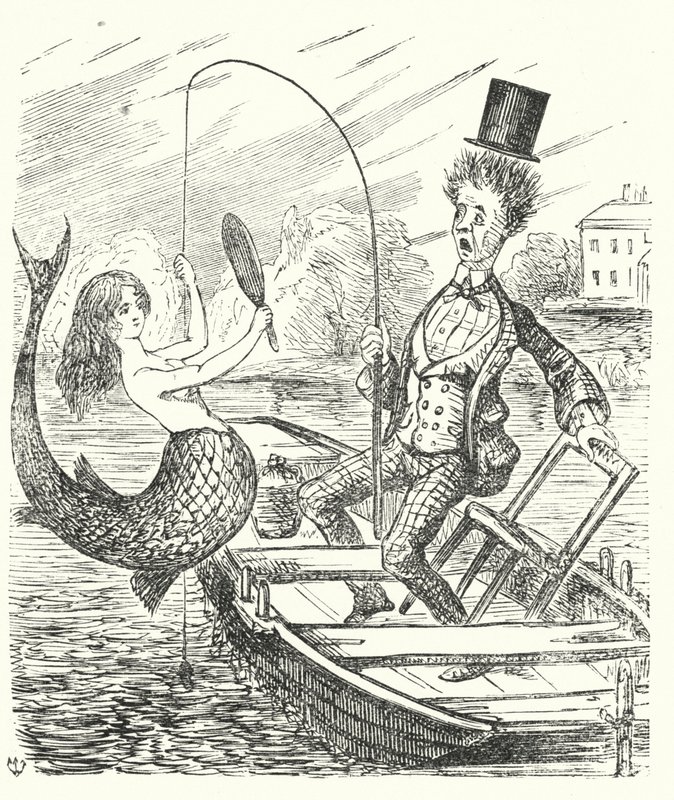 Punch cartoon: rybář chytající mořskou pannu (rytina) od English School