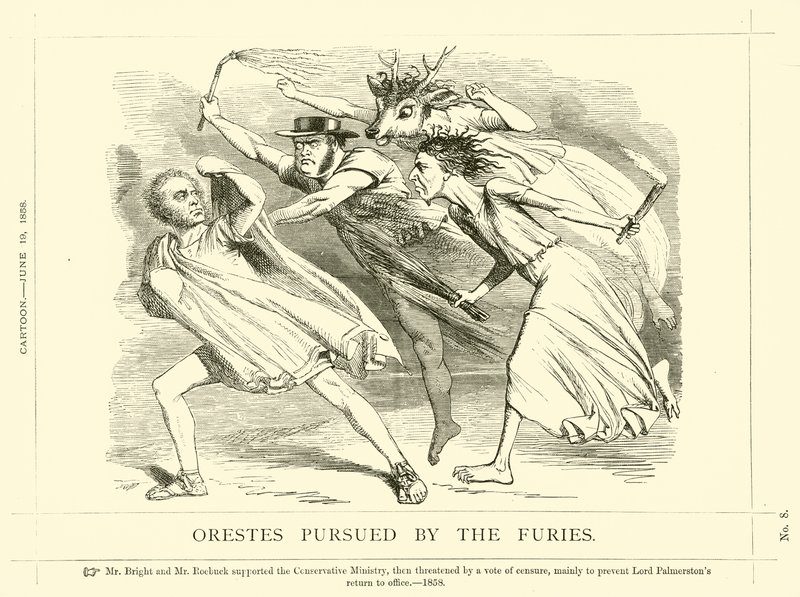 Punch karikatura týkající se John Bright: Orestes Pursued By The Furies od English School